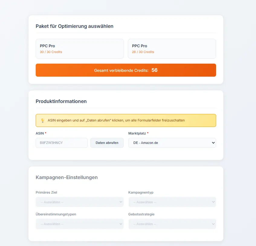 Asinopt: PPC-Produktinformationen und Kampagnen-Einstellungen