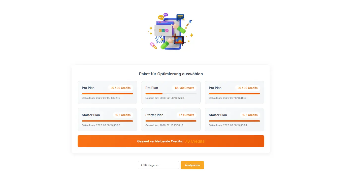 Asinopt: Credits, Paketauswahl und ASIN-Analyse