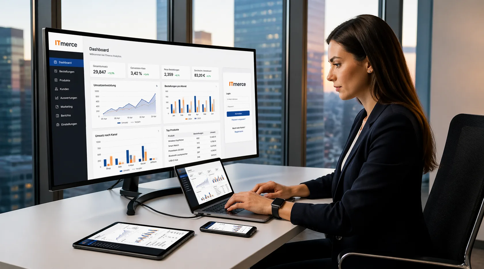 itmerce Web Apps: Dashboard auf Desktop, Laptop und Mobilgeräten